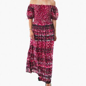 Pink peasant maxi dress short sleeve off shoulder boho summer floral tie dye